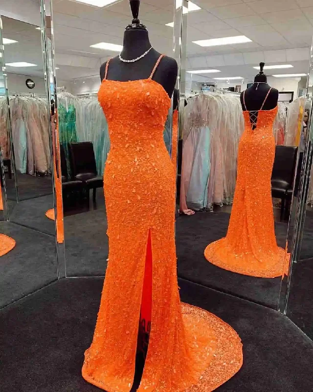 Show-stopping prom dresses for bold statements-Mermaid Sequined Orange Prom Dress with Slit gh842 Show-stopping prom dresses for bold statements-Mermaid Sequined Orange Prom Dress with Slit gh842