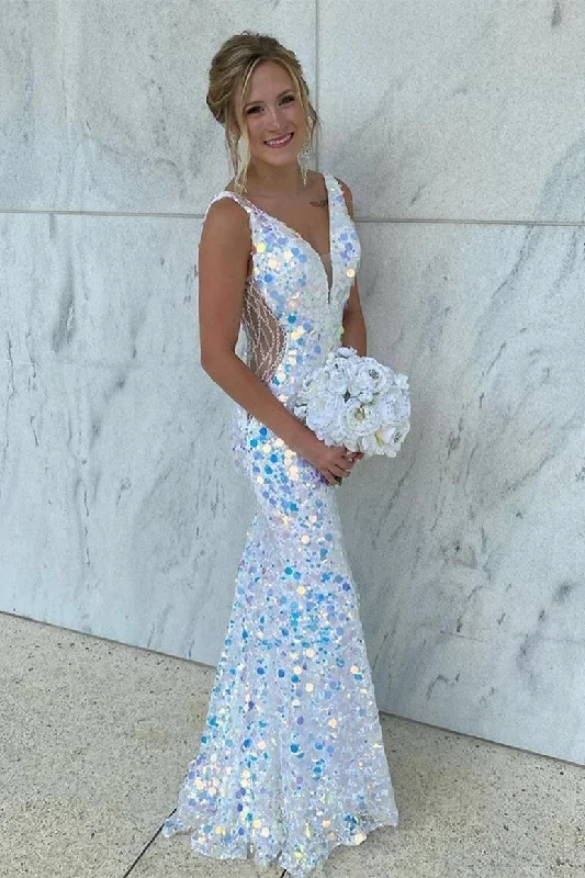 Short prom dresses for petite girls-Mermaid V-Neck Sequined Long Prom Dress gh1855
