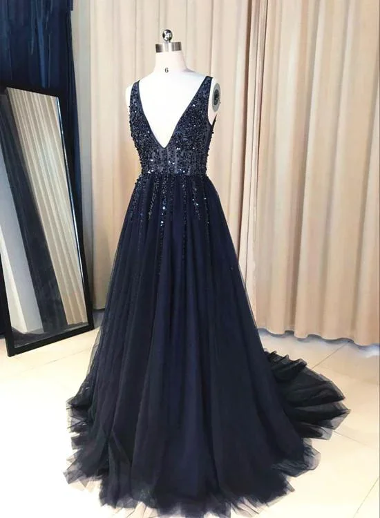 Prom dresses for outdoor events-Navy Blue V-Neckline Beaded Long Prom Dress, Chic Tulle Sparkle Formal Dress Party Dress gh124 Prom dresses for outdoor events-Navy Blue V-Neckline Beaded Long Prom Dress, Chic Tulle Sparkle Formal Dress Party Dress gh124