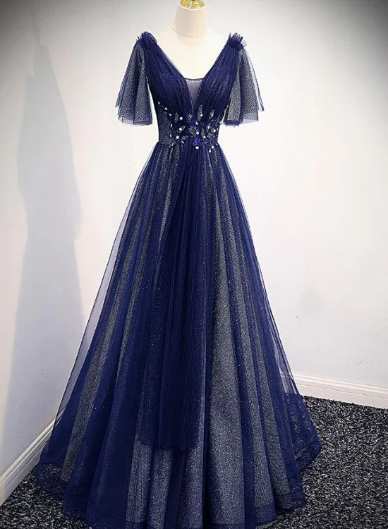 Prom dresses with pastel colors-Navy Blue V-Neckline Long Tulle Party Dress With Sleeves, Blue Bridesmaid Dresses Party Dress gh45 Prom dresses with pastel colors-Navy Blue V-Neckline Long Tulle Party Dress With Sleeves, Blue Bridesmaid Dresses Party Dress gh45
