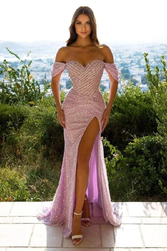 Easy-to-wear prom dresses for fun events-Off-the-Shoulder Sequins Mermaid Prom Dress Split gh617 Easy-to-wear prom dresses for fun events-Off-the-Shoulder Sequins Mermaid Prom Dress Split gh617