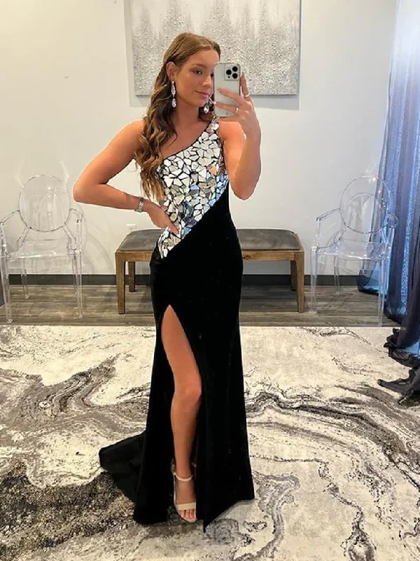High-low prom dresses for a modern twist-One Shoulder Black Mermaid Rhinestone Prom Dresses gh1802 High-low prom dresses for a modern twist-One Shoulder Black Mermaid Rhinestone Prom Dresses gh1802