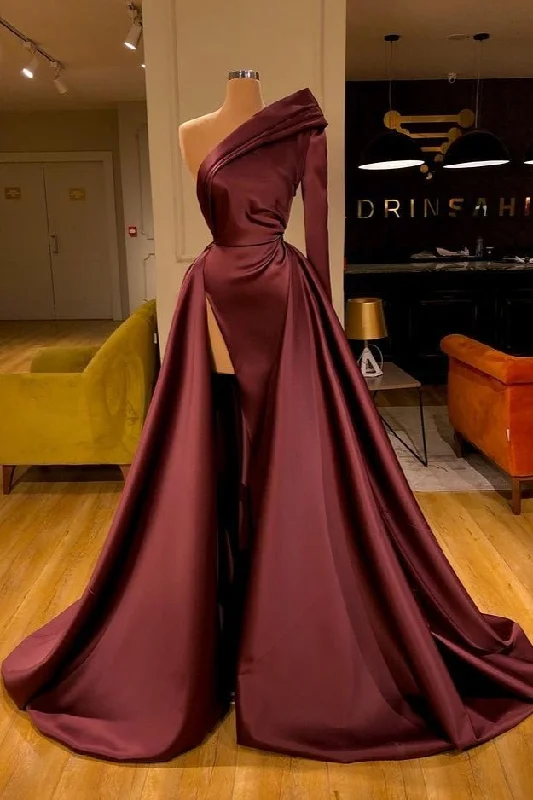 Bold black prom dresses for statement style-One Shoulder Long Sleeves Prom Dress Split Overskirt gh666 Bold black prom dresses for statement style-One Shoulder Long Sleeves Prom Dress Split Overskirt gh666