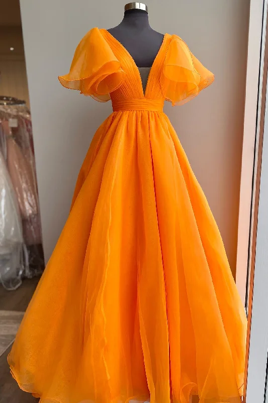 A-line prom dresses for all body types-Orange A-line Long Formal Dress with Flutter Sleeves  gh2072