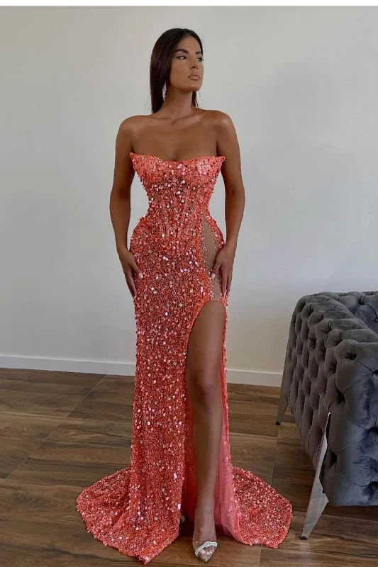 Lace back prom dresses for added elegance-Orange Gorgeous Sequins Mermaid Sweetheart Prom Dress Split With Sleeveless gh2049 Lace back prom dresses for added elegance-Orange Gorgeous Sequins Mermaid Sweetheart Prom Dress Split With Sleeveless gh2049