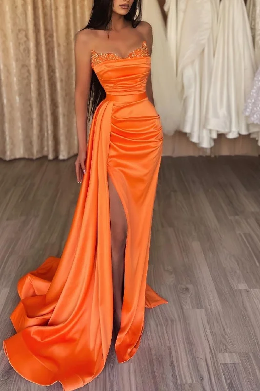 Prom dresses with music festival vibes-Orange Strapless Long Mermaid Prom Dress Split With Ruffles gh750 Prom dresses with music festival vibes-Orange Strapless Long Mermaid Prom Dress Split With Ruffles gh750