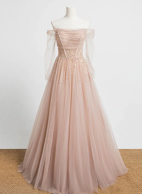 Prom dresses with ruffles-Pearl Pink Off Shoulder Long Sleeves Sequins Prom Dress, A-Line Party Dress Formal Dress gh228 Prom dresses with ruffles-Pearl Pink Off Shoulder Long Sleeves Sequins Prom Dress, A-Line Party Dress Formal Dress gh228