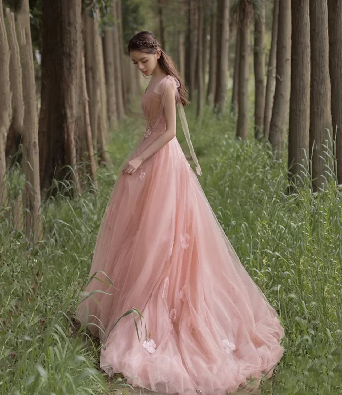 Romantic prom dresses for a sweet vibe-Pink 3D Flowers Long Prom Dress A line Evening Dress  10466