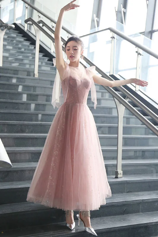 Prom dresses with faux fur-Pink A line prom dress pink tulle evening dress  8656