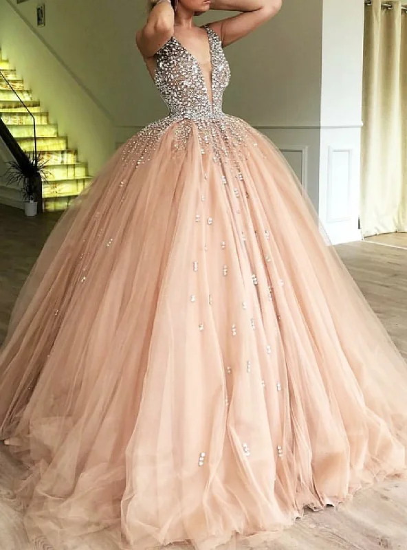 Prom dresses for plus-size women-Pink Ball Gown Deep V-neck Tulle Sweet 16 Dress With Beading Party Dress gh907 Prom dresses for plus-size women-Pink Ball Gown Deep V-neck Tulle Sweet 16 Dress With Beading Party Dress gh907