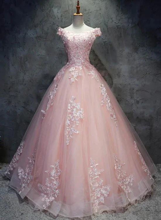 Prom dresses for autumn festivals-Pink Cap Sleeves Ball Gown Tulle With Lace Sweet 16 Dresses, Long Quinceanera Dresses gh77 Prom dresses for autumn festivals-Pink Cap Sleeves Ball Gown Tulle With Lace Sweet 16 Dresses, Long Quinceanera Dresses gh77
