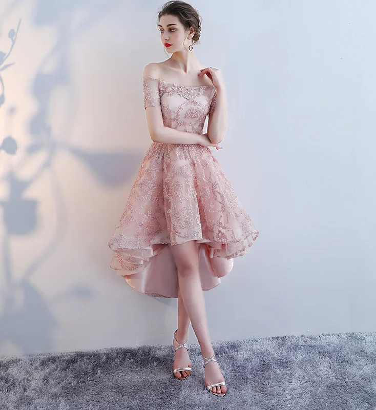 What to wear with prom dress-Pink high low short prom dress, homecoming dress  7698