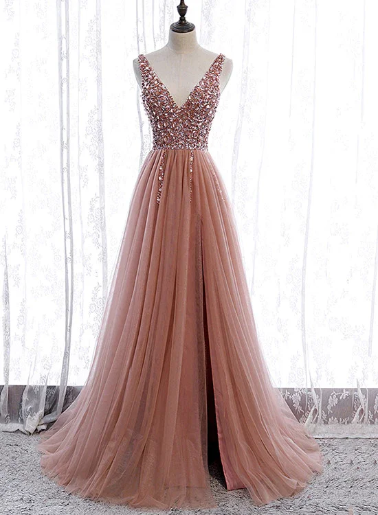 Prom dresses with metallic-Pink Long Sparkle Beaded Tulle Slit Prom Dress,Pink V-Neckline Evening Gown gh161 Prom dresses with metallic-Pink Long Sparkle Beaded Tulle Slit Prom Dress,Pink V-Neckline Evening Gown gh161
