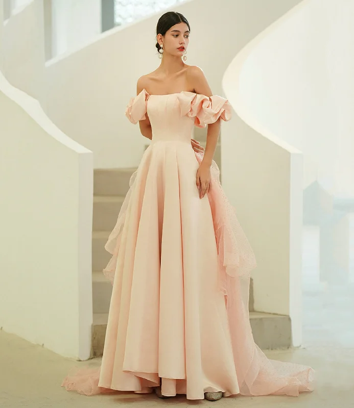 Two-piece prom dresses with skirts-Pink satin tulle long prom dress A line evening dress 10216 Two-piece prom dresses with skirts-Pink satin tulle long prom dress A line evening dress 10216