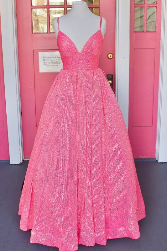 Classy black and white prom dresses-Pink Sequin Empire Long Prom Dress  gh1101