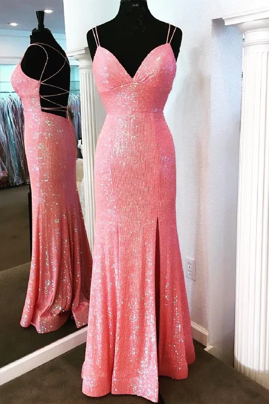 Green prom dresses for a bold statement-Pink Sequin V-Neck Side Slit Mermaid Long Formal Dress gh1117 Green prom dresses for a bold statement-Pink Sequin V-Neck Side Slit Mermaid Long Formal Dress gh1117