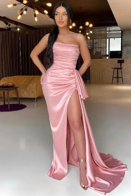 Sexy open-back prom dresses-Pink Strapless Long Pleated Prom Dress With Split gh721 Sexy open-back prom dresses-Pink Strapless Long Pleated Prom Dress With Split gh721