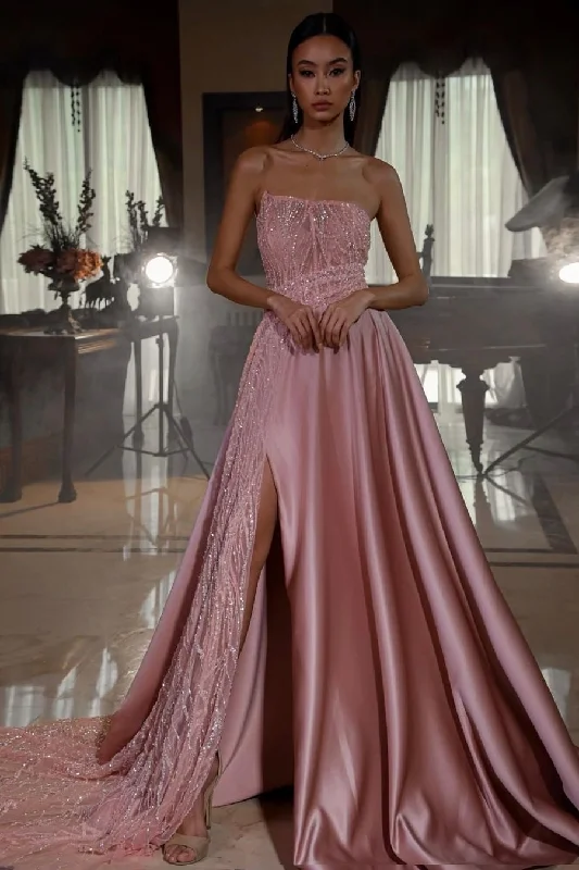 Sparkly prom dresses for a glamorous look-Pink Strapless Sleeveless Sequins A-Line Prom Dress With Split gh724 Sparkly prom dresses for a glamorous look-Pink Strapless Sleeveless Sequins A-Line Prom Dress With Split gh724