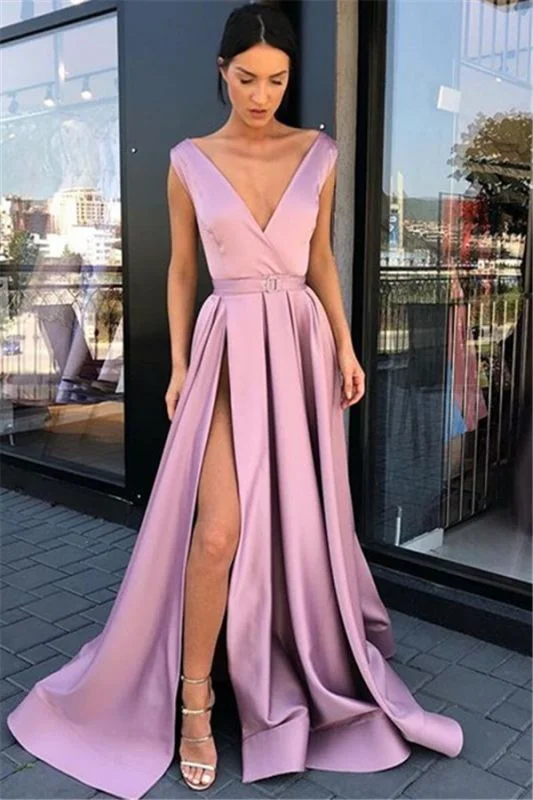 Classy prom dresses with mesh details-Pink Straps Side-Slit A-Line Prom Dresses | Sexy Deep-V-Neck Sleeveless Evening Gown gh2032 Classy prom dresses with mesh details-Pink Straps Side-Slit A-Line Prom Dresses | Sexy Deep-V-Neck Sleeveless Evening Gown gh2032