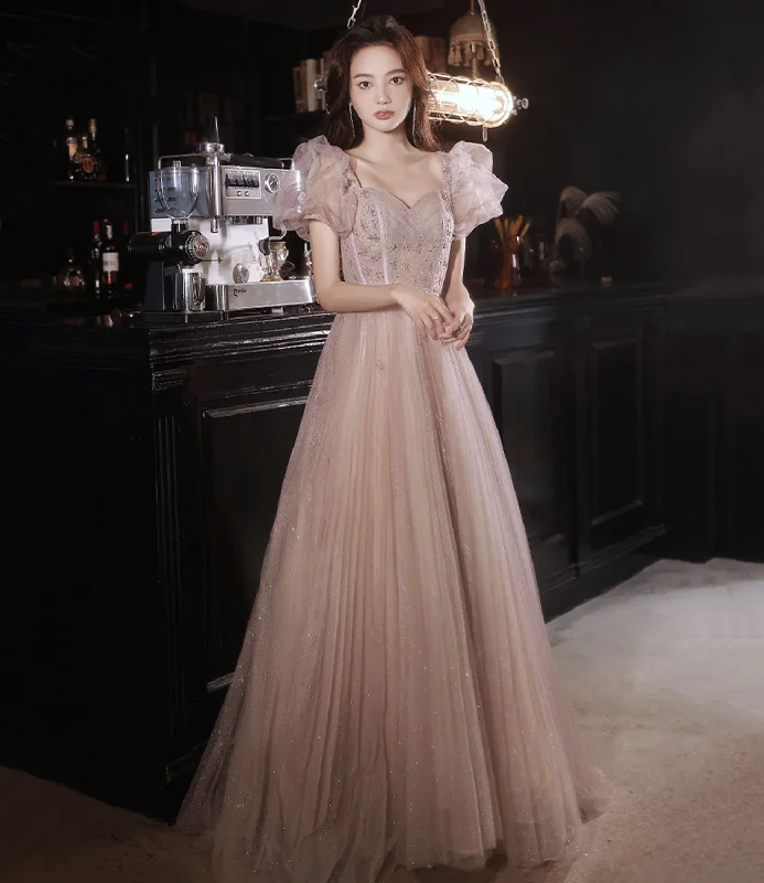 Prom dresses with pastel colors-Pink tulle beads long prom dress A line evening dress 10320 Prom dresses with pastel colors-Pink tulle beads long prom dress A line evening dress 10320