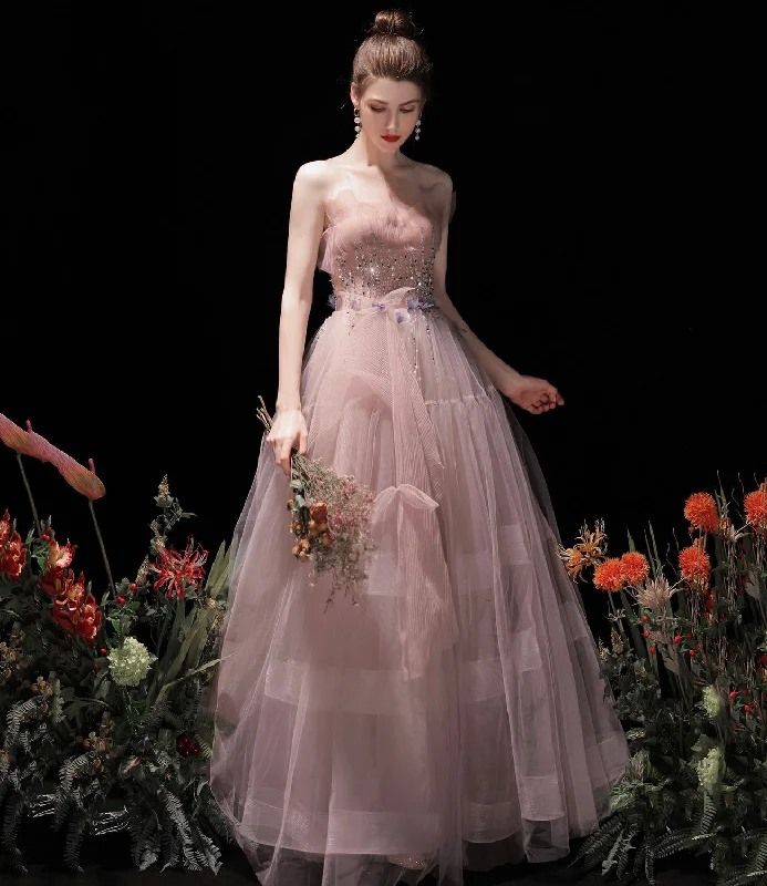 Affordable prom dresses for any occasion-Pink tulle beads long prom dress A line evening dress 10429 Affordable prom dresses for any occasion-Pink tulle beads long prom dress A line evening dress 10429