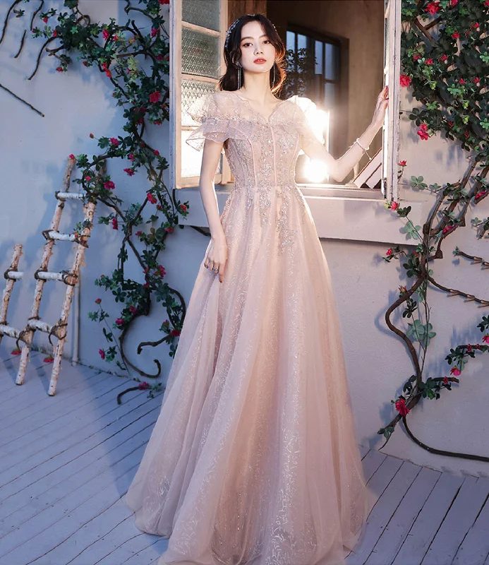 Gorgeous prom dresses with feather details-Pink tulle beads long prom dress A line evening dress 10487 Gorgeous prom dresses with feather details-Pink tulle beads long prom dress A line evening dress 10487
