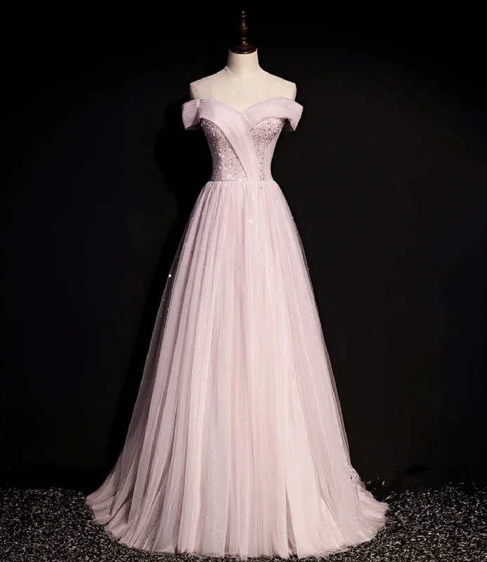 Prom dresses for Easter-Pink tulle beads long prom dress A line evening dress  8648