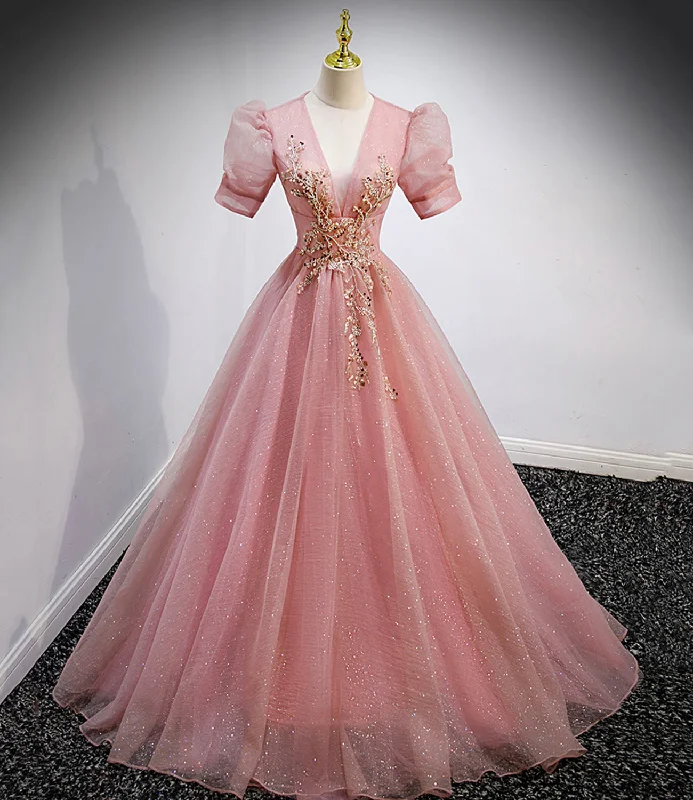 Simple yet elegant prom dresses-Pink tulle beads long prom dress A line evening gown 10162 Simple yet elegant prom dresses-Pink tulle beads long prom dress A line evening gown 10162