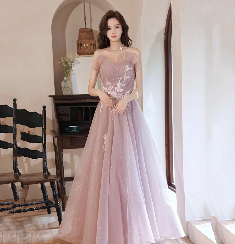 Prom dresses for Fourth of July-Pink tulle lace long A line prom dress evening gown 8952 Prom dresses for Fourth of July-Pink tulle lace long A line prom dress evening gown 8952