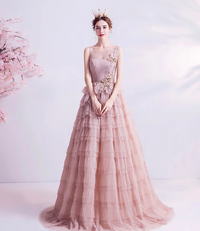 Unique color-block prom dresses-Pink tulle lace long prom dress A line evening gown 10059 Unique color-block prom dresses-Pink tulle lace long prom dress A line evening gown 10059