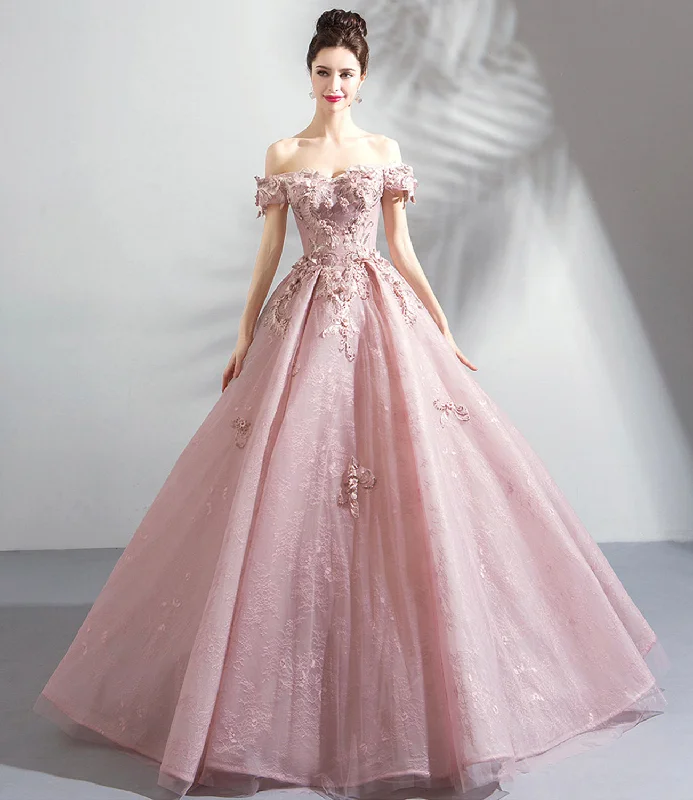 Prom dresses for summer-Pink tulle lace long prom dress A line evening gown  10359