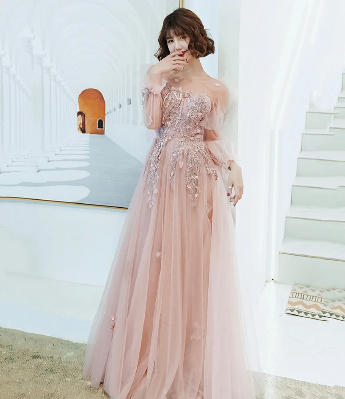 Off-shoulder prom dresses for a chic style-Pink tulle lace long prom dress pink evening dress  10267