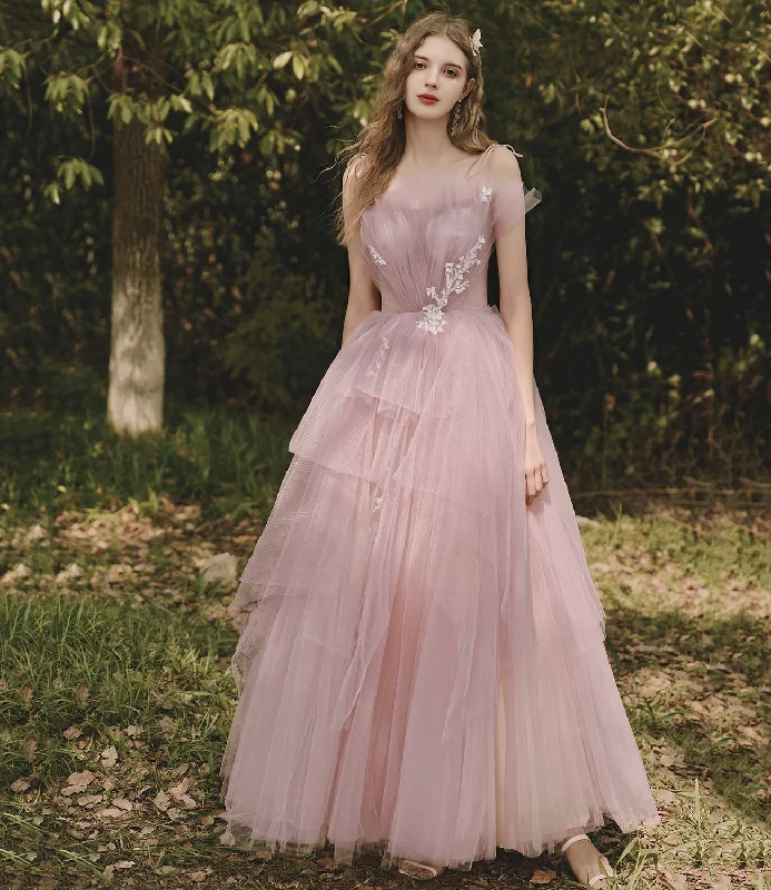 Trendy prom dresses for fashion-conscious teens-Pink tulle lace long prom dress pink evening gown 10188 Trendy prom dresses for fashion-conscious teens-Pink tulle lace long prom dress pink evening gown 10188