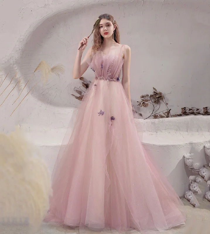 Luxury prom dresses with rhinestones-Pink tulle long A line prom dress evening dress 8570 Luxury prom dresses with rhinestones-Pink tulle long A line prom dress evening dress 8570
