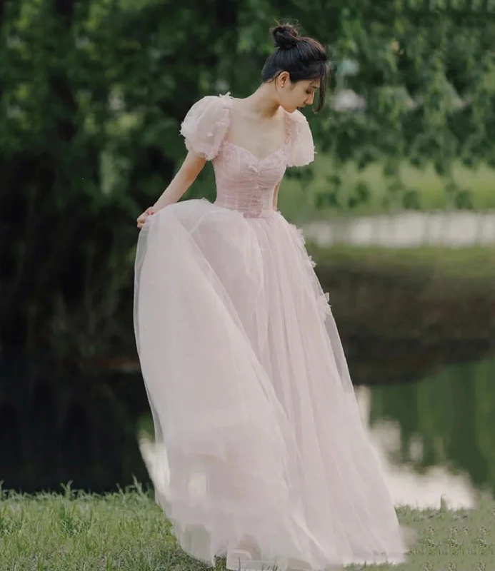 Eye-catching red prom dresses for impact-Pink tulle long A line prom dress evening dress 8735 Eye-catching red prom dresses for impact-Pink tulle long A line prom dress evening dress 8735