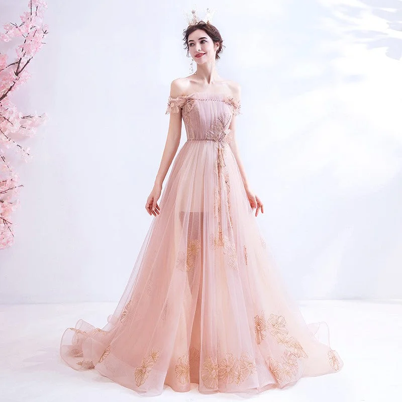 Dress for prom in elegant lace-Pink tulle long A line prom dress pink evening dress 10129 Dress for prom in elegant lace-Pink tulle long A line prom dress pink evening dress 10129