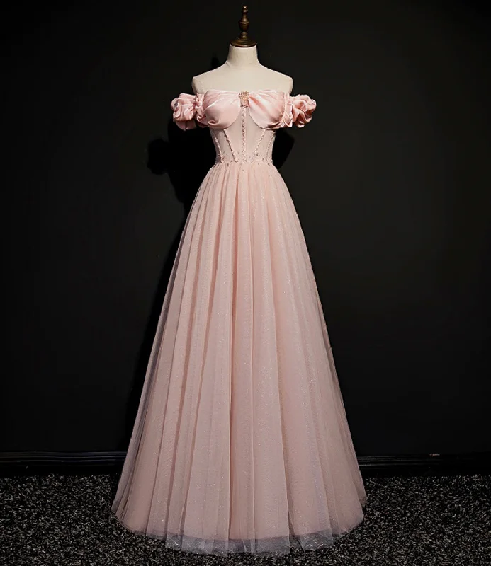 Prom dresses for formal events-Pink tulle long A line prom dress pink evening dress 8693 Prom dresses for formal events-Pink tulle long A line prom dress pink evening dress 8693