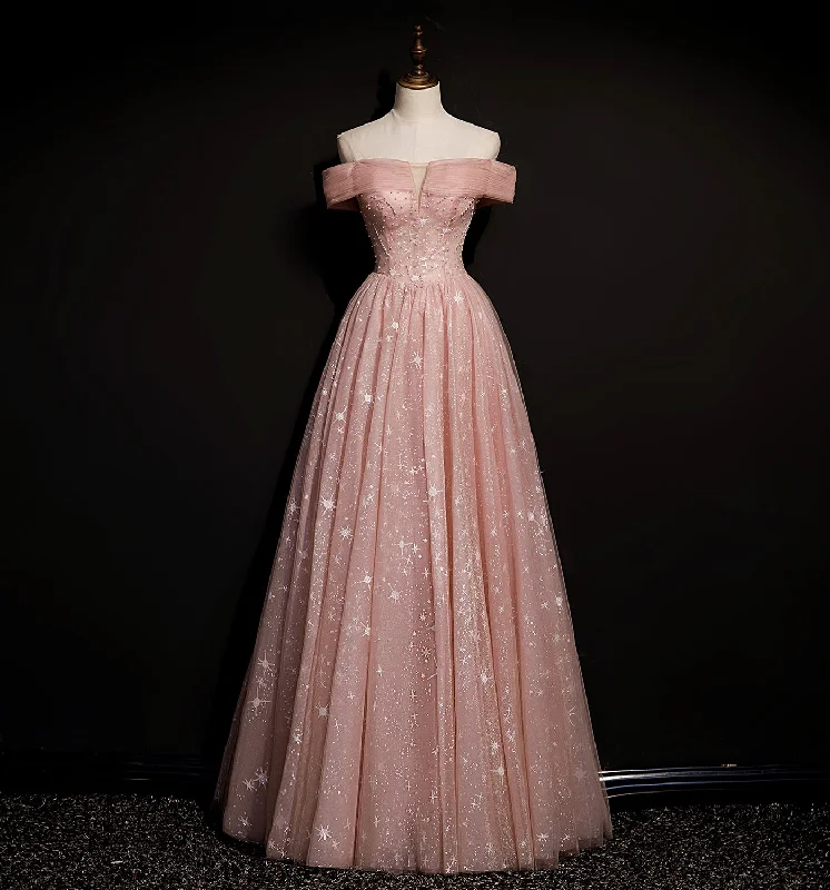 How to choose prom dress-Pink tulle long A line prom dress pink evening dress  8695