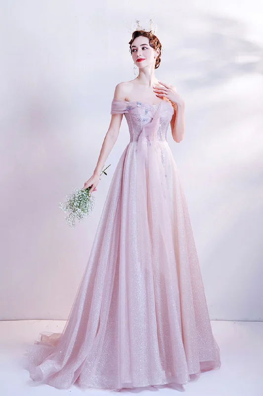 Cute short prom dresses for petite girls-Pink tulle long A line prom dress pink evening dress 8768 Cute short prom dresses for petite girls-Pink tulle long A line prom dress pink evening dress 8768