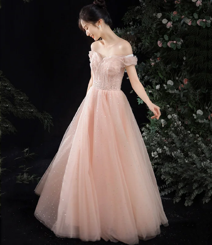 Bold black prom dresses for statement style-Pink tulle long A line prom dress pink evening dress 8844 Bold black prom dresses for statement style-Pink tulle long A line prom dress pink evening dress 8844