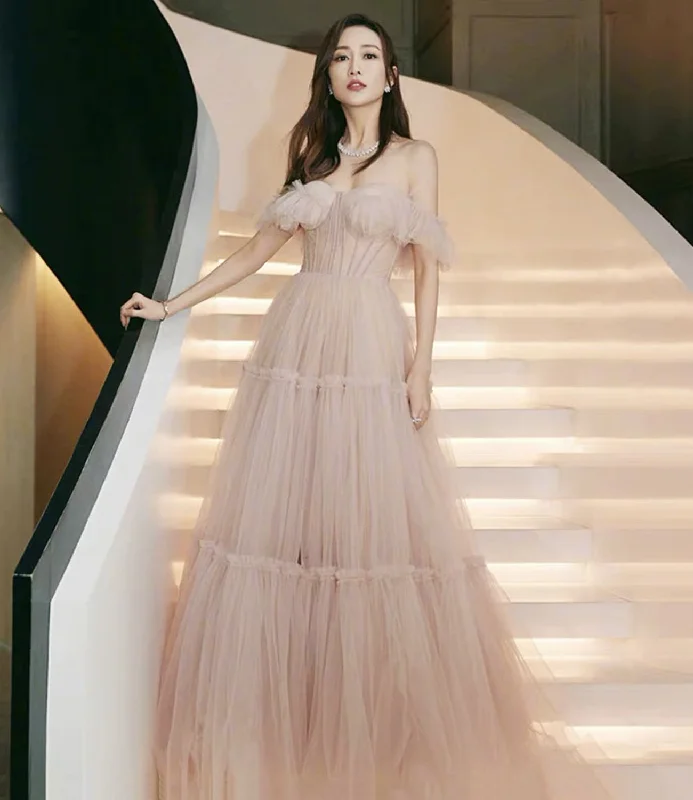 Prom dresses for spring break-Pink tulle long prom dress A line evening dress 10336 Prom dresses for spring break-Pink tulle long prom dress A line evening dress 10336