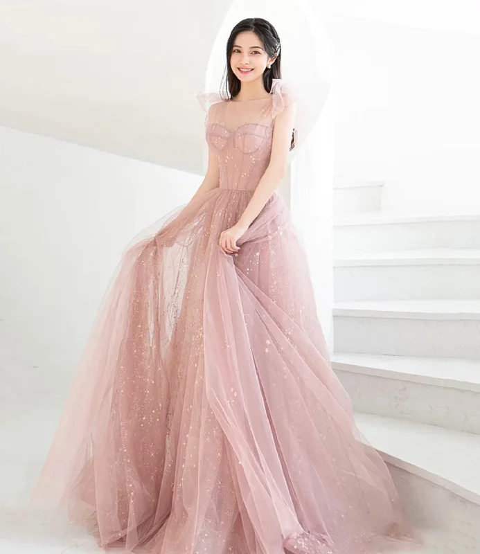 Simple, elegant prom dresses for all-Pink tulle long prom dress A line evening dress 10421 Simple, elegant prom dresses for all-Pink tulle long prom dress A line evening dress 10421
