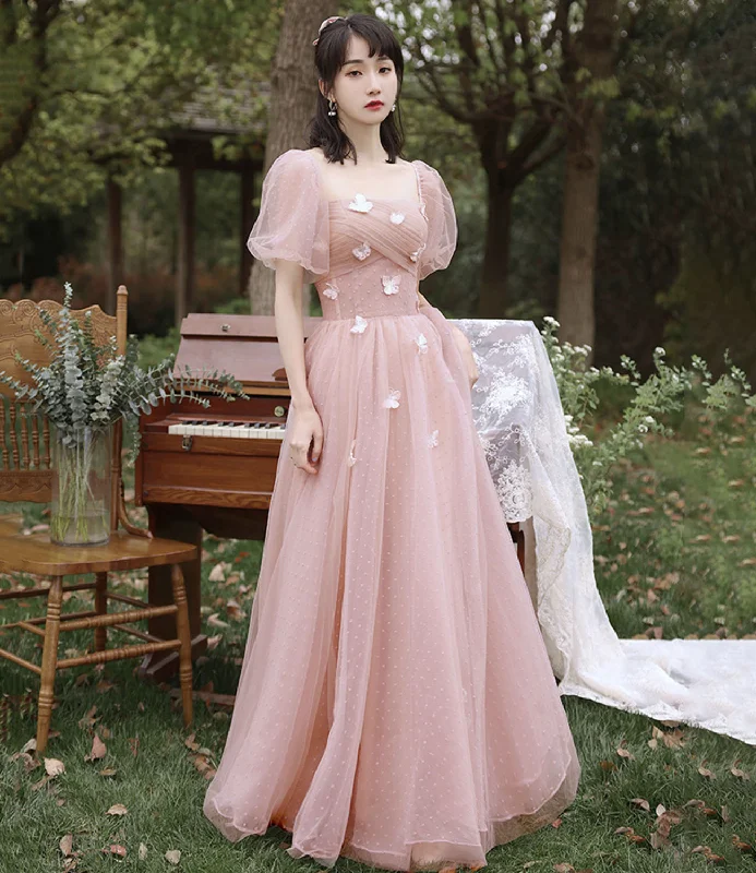 Plus size prom dresses for all figures-Pink tulle long prom dress A line evening dress 10587 Plus size prom dresses for all figures-Pink tulle long prom dress A line evening dress 10587