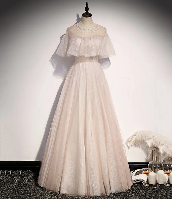 Prom dresses with wedges-Pink tulle long prom dress A line evening gown  10331