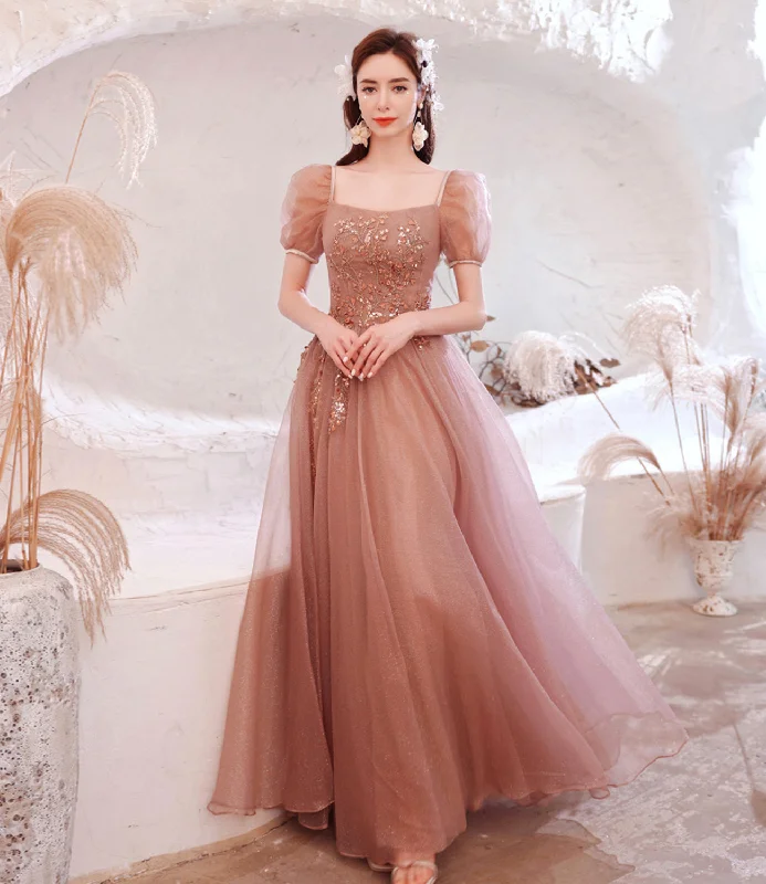 Bold statement prom dresses in vibrant colors-Pink tulle sequins long A line prom dress evening dress  8796