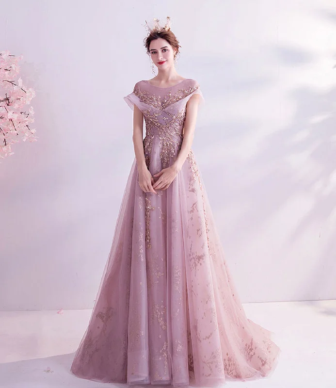Plus size prom dresses for all figures-Pink tulle sequins long A line prom dress evening dress 8921 Plus size prom dresses for all figures-Pink tulle sequins long A line prom dress evening dress 8921