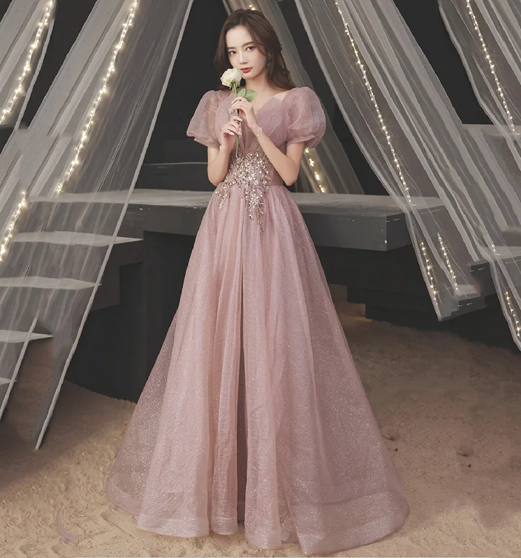 Show-stopping prom dresses for bold statements-Pink tulle sequins long prom dress A line evening gown 10015 Show-stopping prom dresses for bold statements-Pink tulle sequins long prom dress A line evening gown 10015