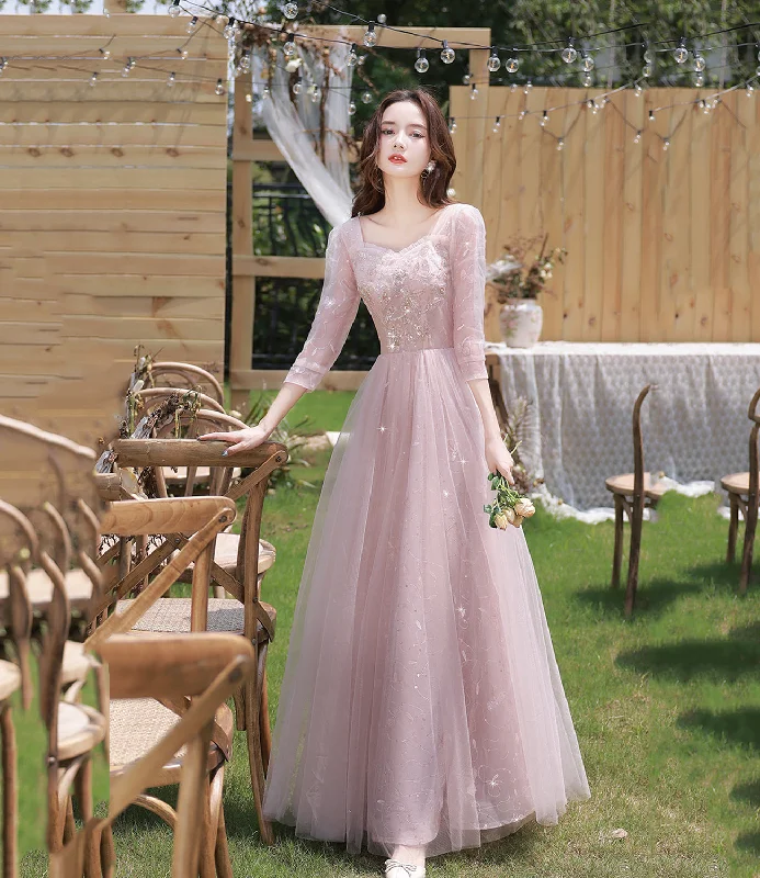 Prom dress outfit ideas-Pink tulle sequins long prom dress evening dress  10362