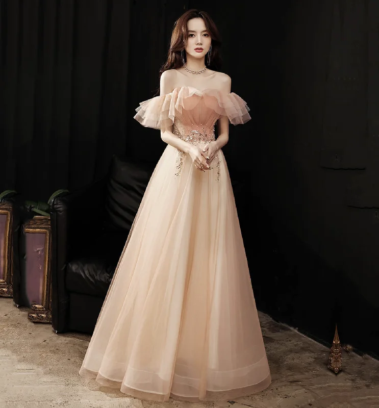Sexy open-back prom dresses-Pink tulle sequins long prom dress evening dress  8600