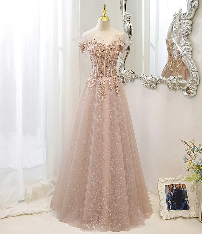 Feminine prom dresses with delicate fabrics-Pink tulle sequins long prom dress pink evening dress 10173 Feminine prom dresses with delicate fabrics-Pink tulle sequins long prom dress pink evening dress 10173